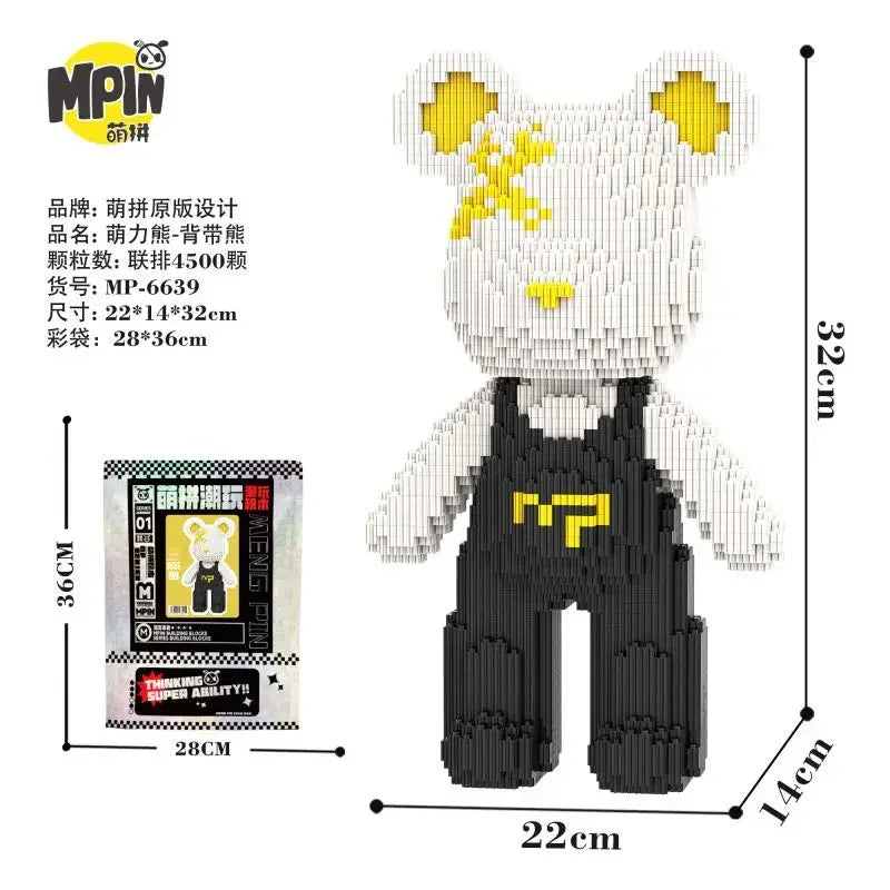 A white bear-shaped mini building block set with yellow accents and a black outfit.