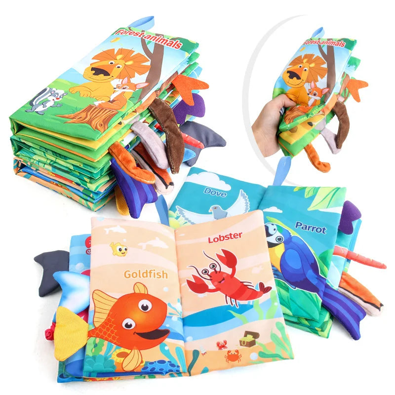A collection of soft fabric baby books featuring animals like a lion, dove, and lobster.