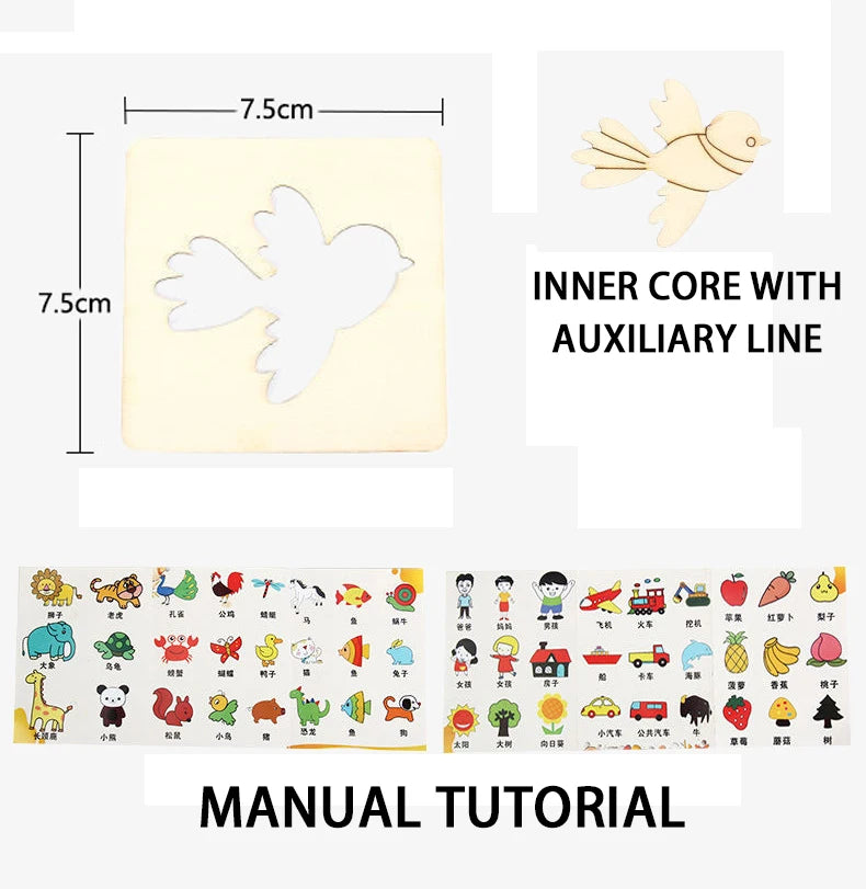 Montessori Wooden Drawing Stencils Set for Kids - 20pc Creative Painting Templates