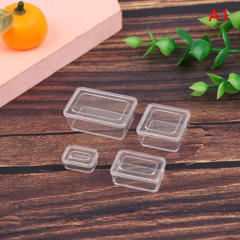 Clear plastic miniature Japanese sushi set for dollhouse kitchen displayed on a wooden surface.
