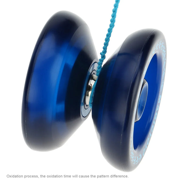 A close-up view of a blue professional magic yoyo with a dark blue body and a light blue patterned string.