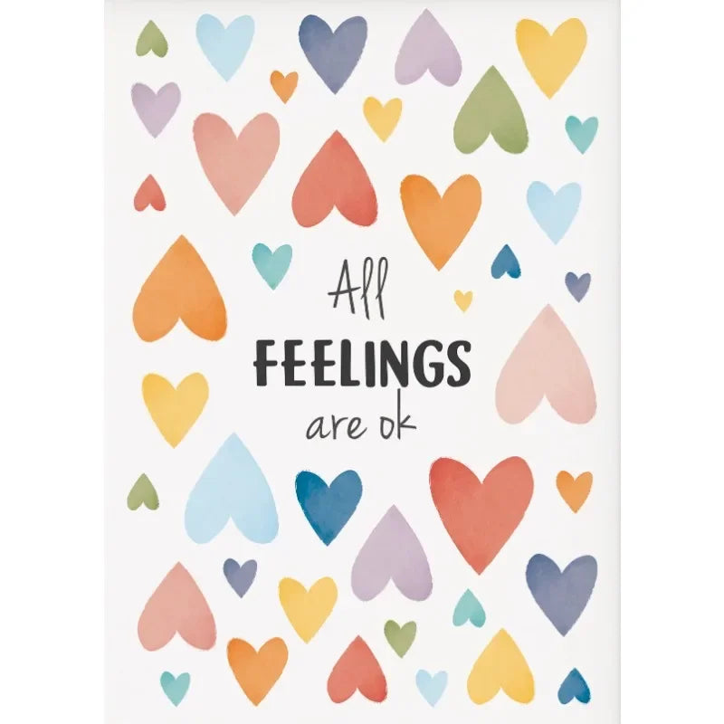 Wall art featuring a scattered pattern of colorful hearts and teardrop shapes with the text All feelings are ok