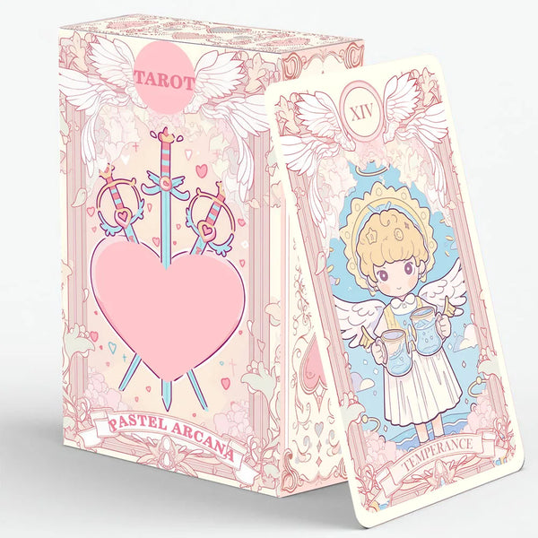 A box and a card from the Pastel Arcana Tarot deck featuring pink, white, and blue colors with angelic imagery.
