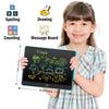 A smiling girl holds a black LCD writing tablet displaying various educational activities like drawing and counting.