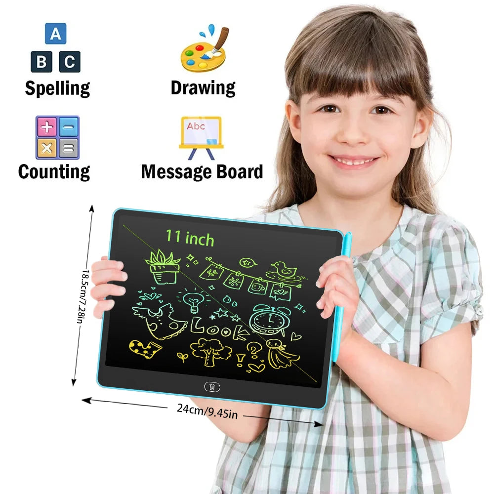 A smiling girl holds a black LCD writing tablet displaying various educational activities like drawing and counting.
