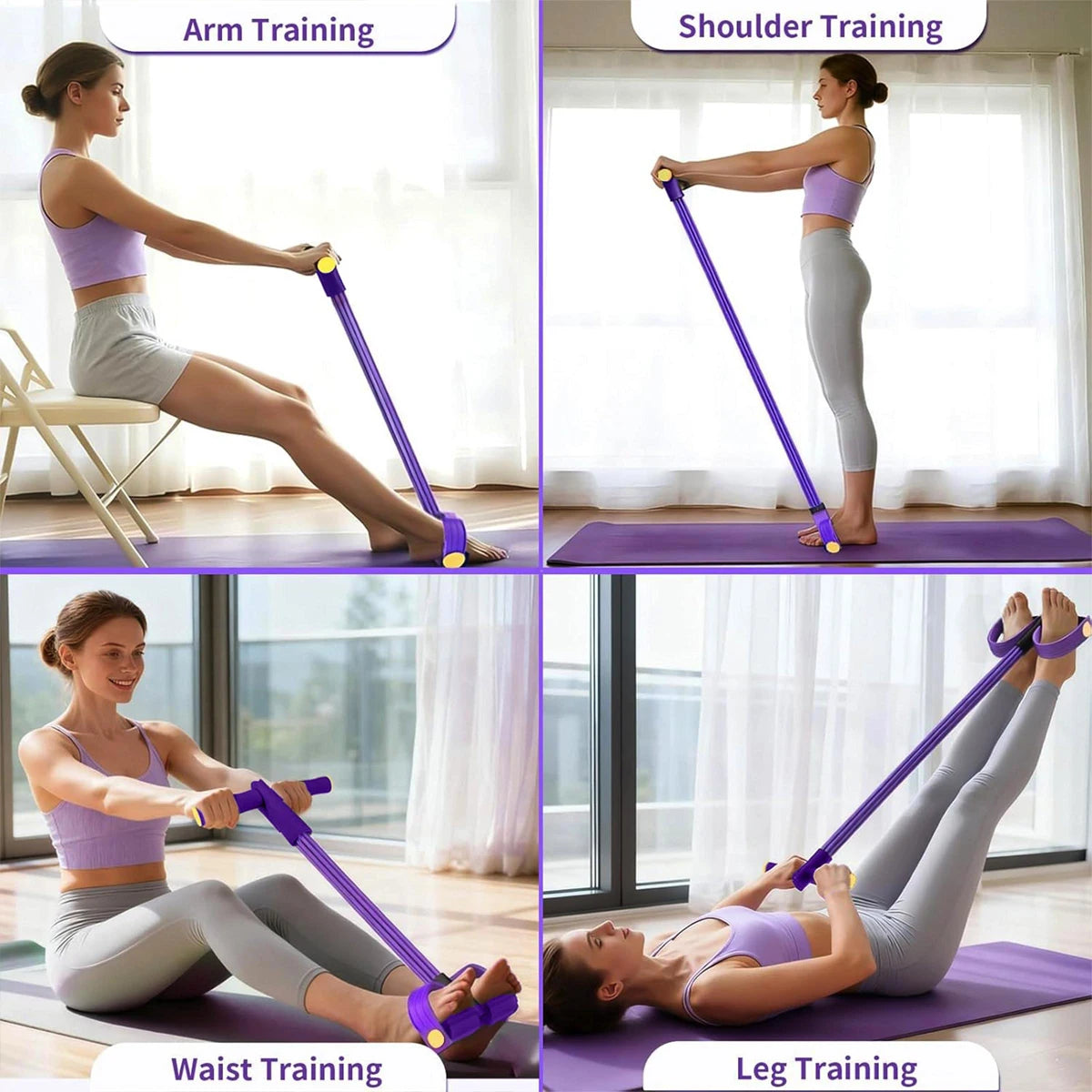 A collection of resistance bands demonstrating arm, shoulder, waist, and leg training exercises.