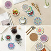 A set of DIY diamond art coasters featuring cute dog designs on colorful tiles with metal holders.