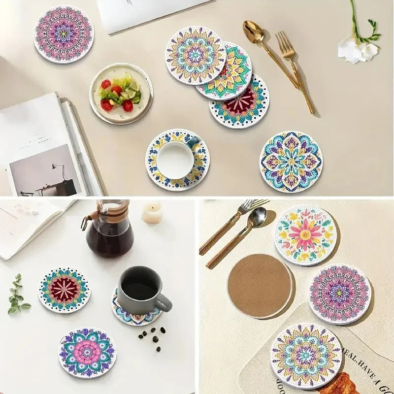 A set of DIY diamond art coasters featuring cute dog designs on colorful tiles with metal holders.