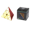 A black box of a magnetic 3x3 speed cube with a red and gold triangular design.