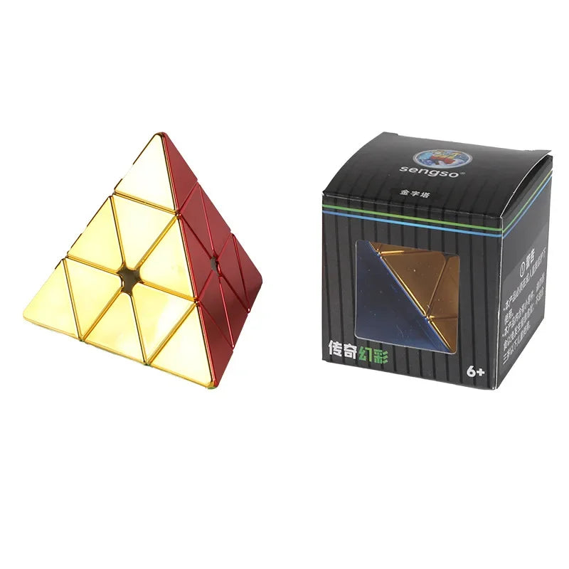 A black box of a magnetic 3x3 speed cube with a red and gold triangular design.