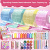 A box of sparkling powder nano adhesive tape in various colors and a set of Guka stickers for crafting