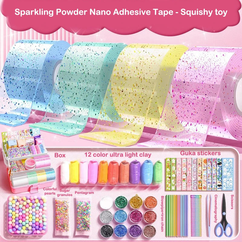 A box of sparkling powder nano adhesive tape in various colors and a set of Guka stickers for crafting