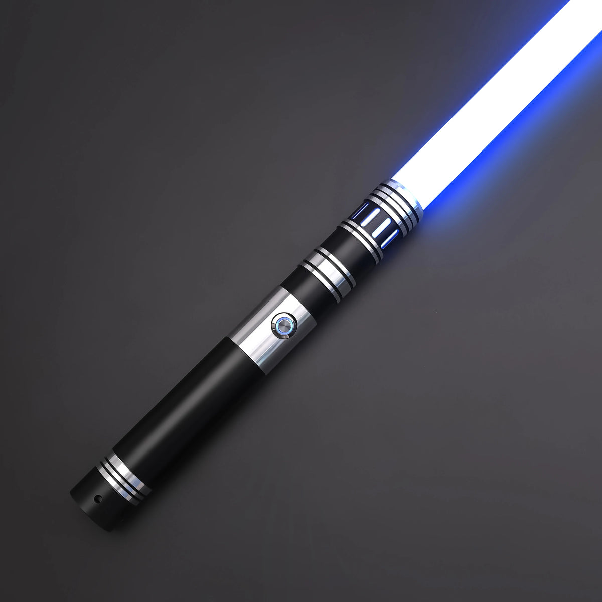 A blue lightsaber toy with a metal handle and glowing blade is shown against a dark gray background.