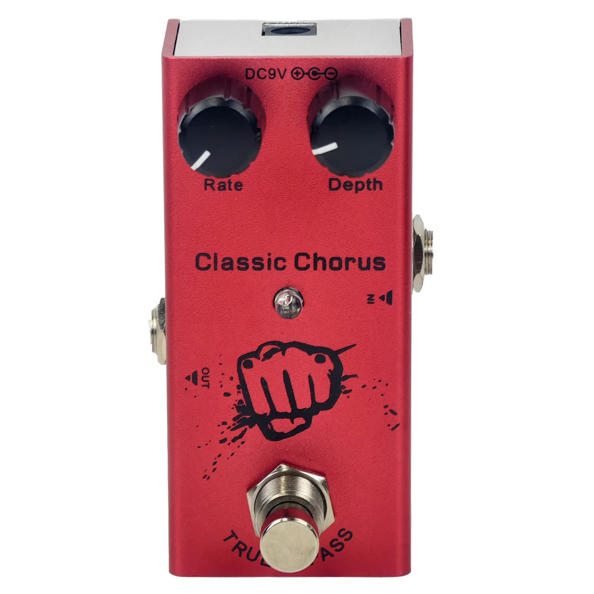 A red guitar effects pedal labeled Classic Chorus with rate and depth controls.