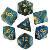A set of blue galaxy polyhedral dice showing various numbers and cosmic effects.