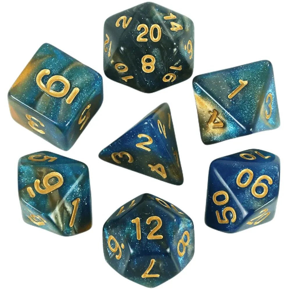 A set of blue galaxy polyhedral dice showing various numbers and cosmic effects.
