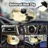 A brass universal vent clip is shown with various car vents, including horizontal and vertical circular ones.