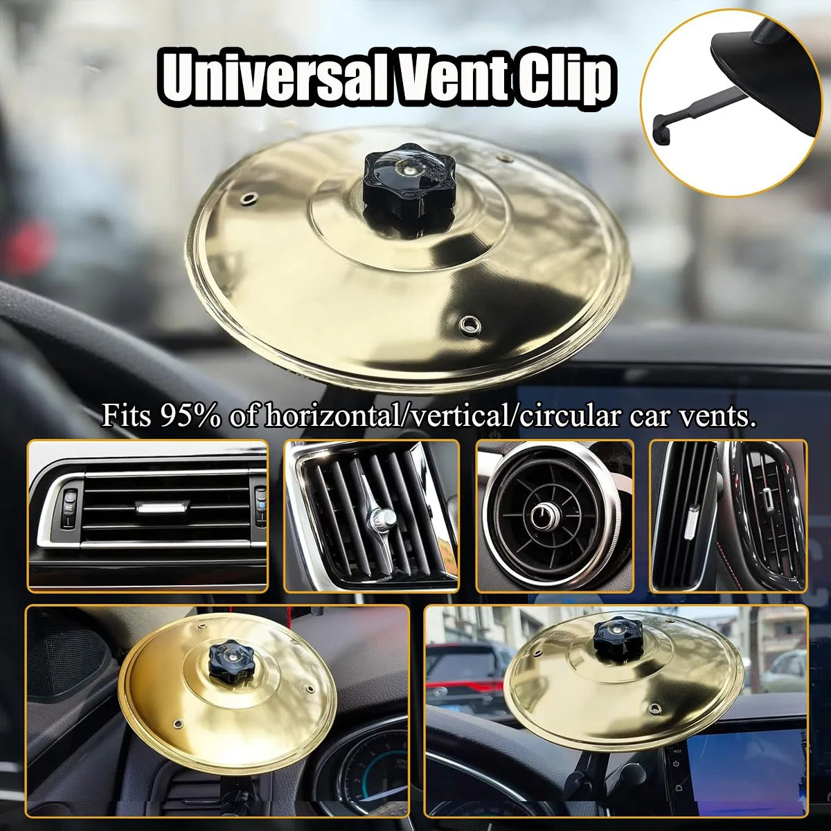 A brass universal vent clip is shown with various car vents, including horizontal and vertical circular ones.