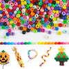 A variety of colorful pony beads in various shapes and colors are displayed alongside craft items like a pumpkin, corn, and f