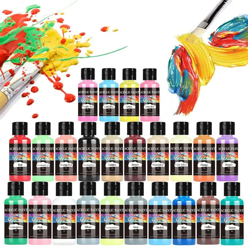 A collection of 24 acrylic paint bottles in various colors and shades for craft projects