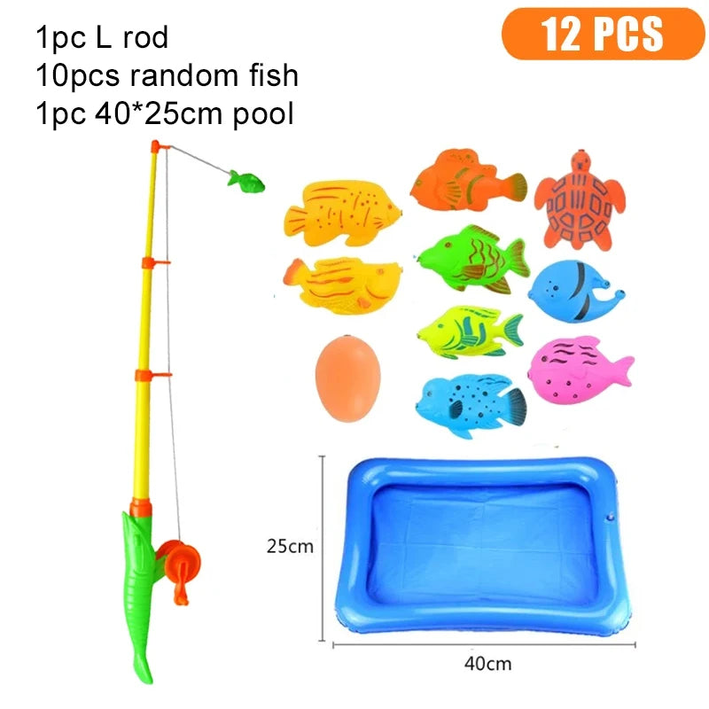 Fishing game set including a long rod, 10 random fish, and an inflatable pool.