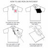 Instructions showing how to use an iron on patches by placing cotton fabric over the patch and ironing for 30 seconds.