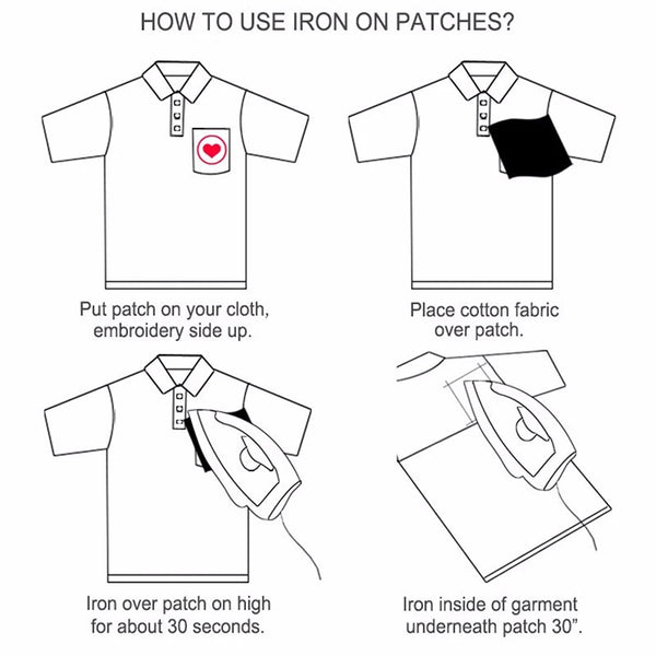 Instructions showing how to use an iron on patches by placing cotton fabric over the patch and ironing for 30 seconds.