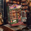 A miniature wooden puzzle book nook kit featuring an ornate facade and detailed interior for dollhouse display.