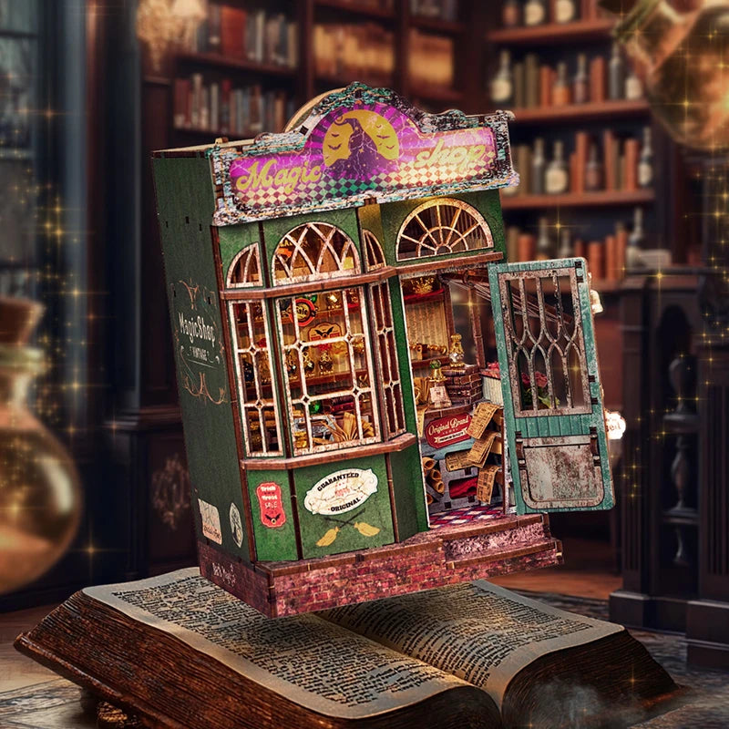 A miniature wooden puzzle book nook kit featuring an ornate facade and detailed interior for dollhouse display.
