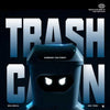 A close-up of a dark blue garbage can robot toy with glowing white eyes and an opening lid.