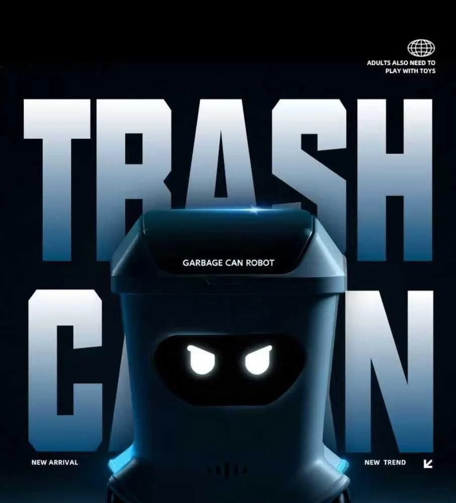 A close-up of a dark blue garbage can robot toy with glowing white eyes and an opening lid.