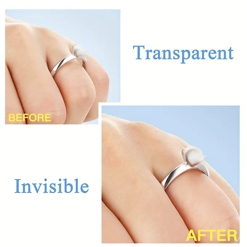 Before and after comparison showing a transparent ring sizer pad for jewelry on a finger.