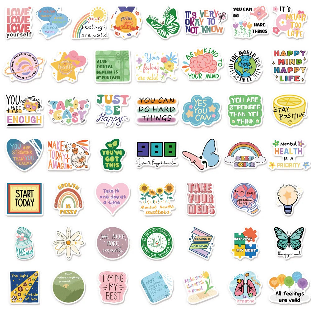 A collection of 50 mental health and self-care themed graffiti stickers featuring various positive affirmations and symbols.