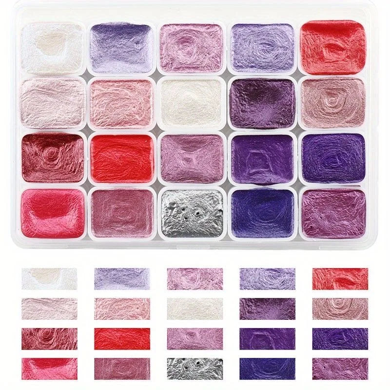 A collection of 20 metal watercolor paints in various shades including pink, red, purple, and silver on a white background.