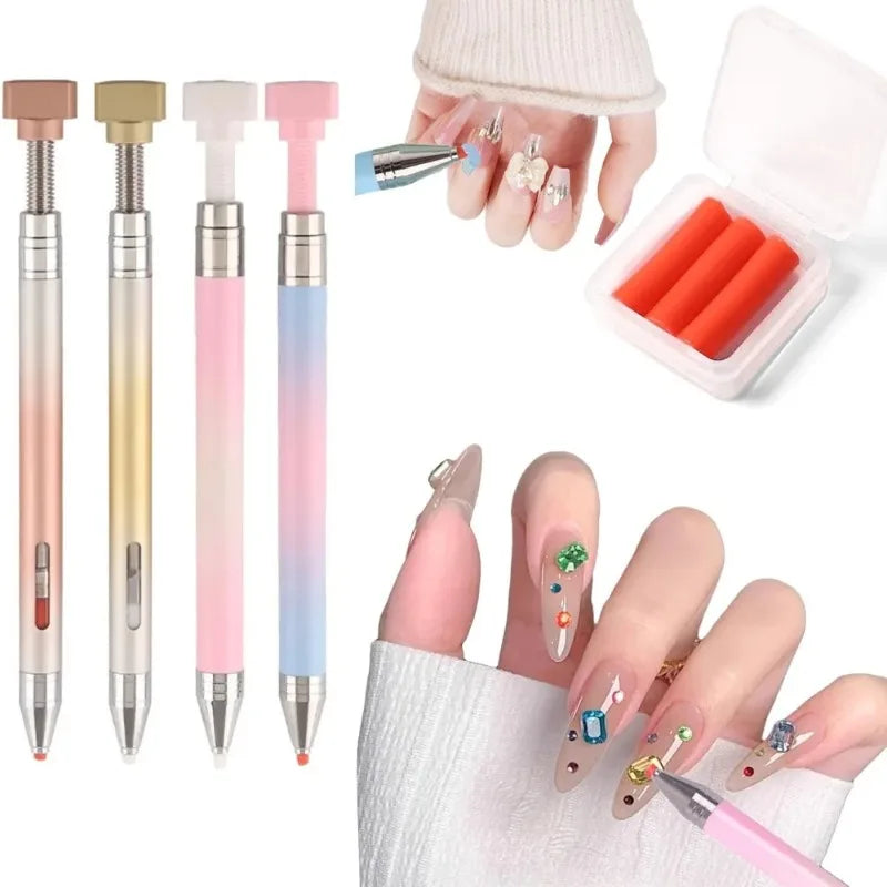 A set of refillable gradient diamond picking pens with rotating wax tips and an acrylic storage case for nail art.