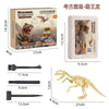 A DIY dinosaur fossil dig kit set including a fossil replica, tools, and a dinosaur skeleton model.