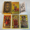 A collection of five golden foil tarot cards including The Emperor, The Hierophant, and The Chariot.