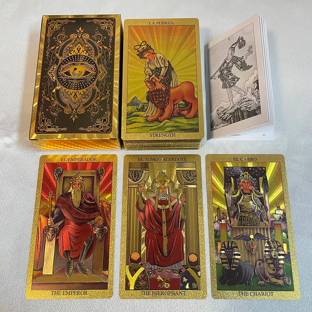 A collection of five golden foil tarot cards including The Emperor, The Hierophant, and The Chariot.