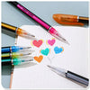 A collection of metallic glitter gel pens in various colors, including pink, orange, blue, and green, resting on a white shee