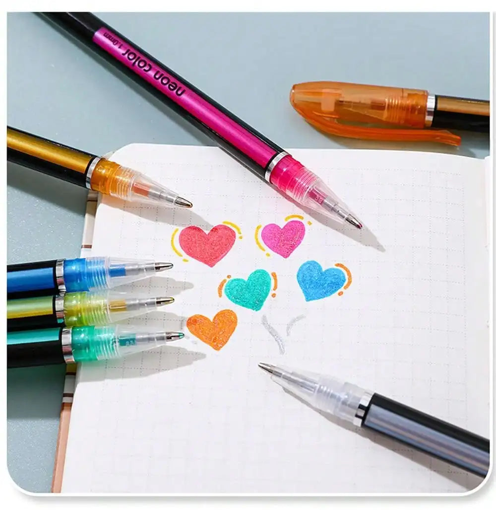 A collection of metallic glitter gel pens in various colors, including pink, orange, blue, and green, resting on a white shee