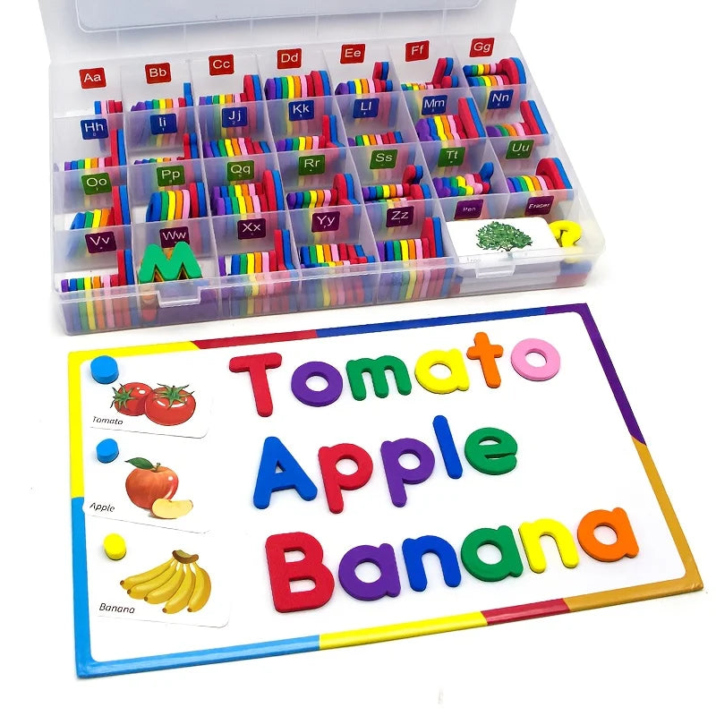 A plastic storage box filled with magnetic alphabet letters and a wooden board with fruit names like tomato, apple, banana.