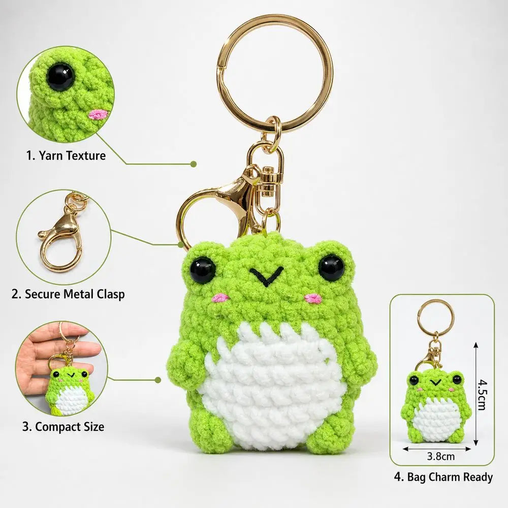 A handmade crochet frog keychain featuring bright green and white yarn textures, shown with various components.