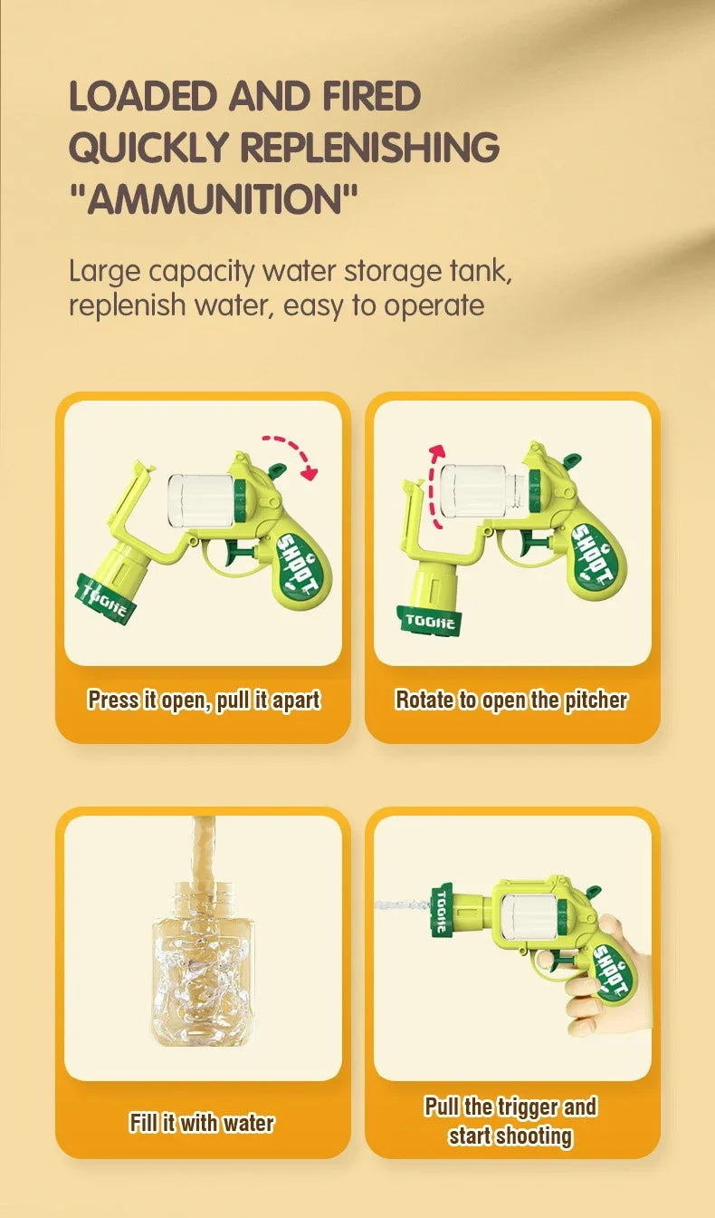 A green mini water blaster pistol is shown with instructions for filling and firing it.