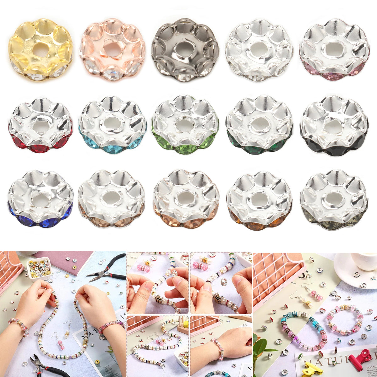A collection of 12mm crystal rhinestone spacer beads in various colors and shapes for jewelry making.