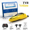 A yellow stunt RC boat and its accessories including a driving license box, remote control, propellers, and instruction manua
