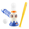 A white automatic baseball pitching machine with a blue bat and balls on a purple base.