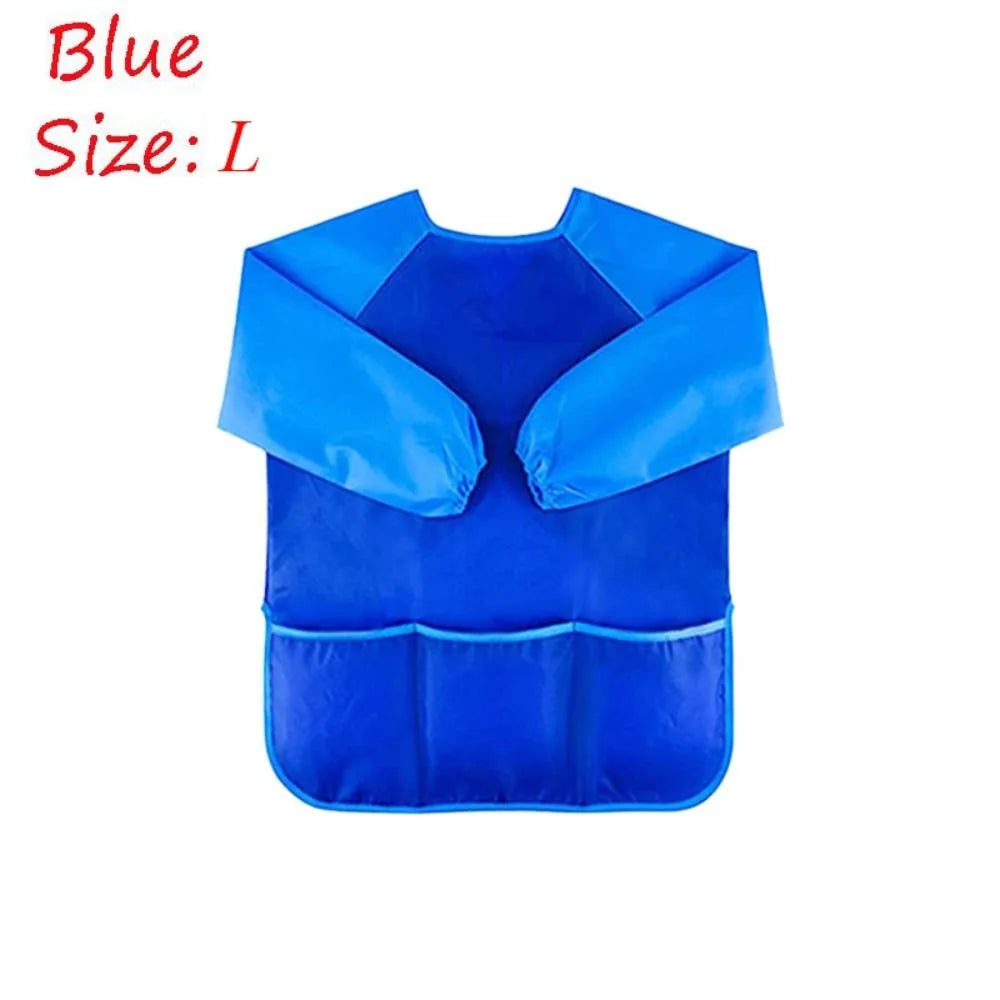 Blue waterproof kids art and baking apron with long sleeves