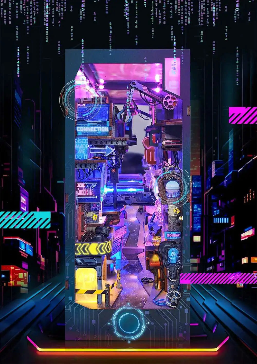 A detailed diorama of a cyberpunk interior featuring mechanical elements and neon lighting within a wooden book nook kit.