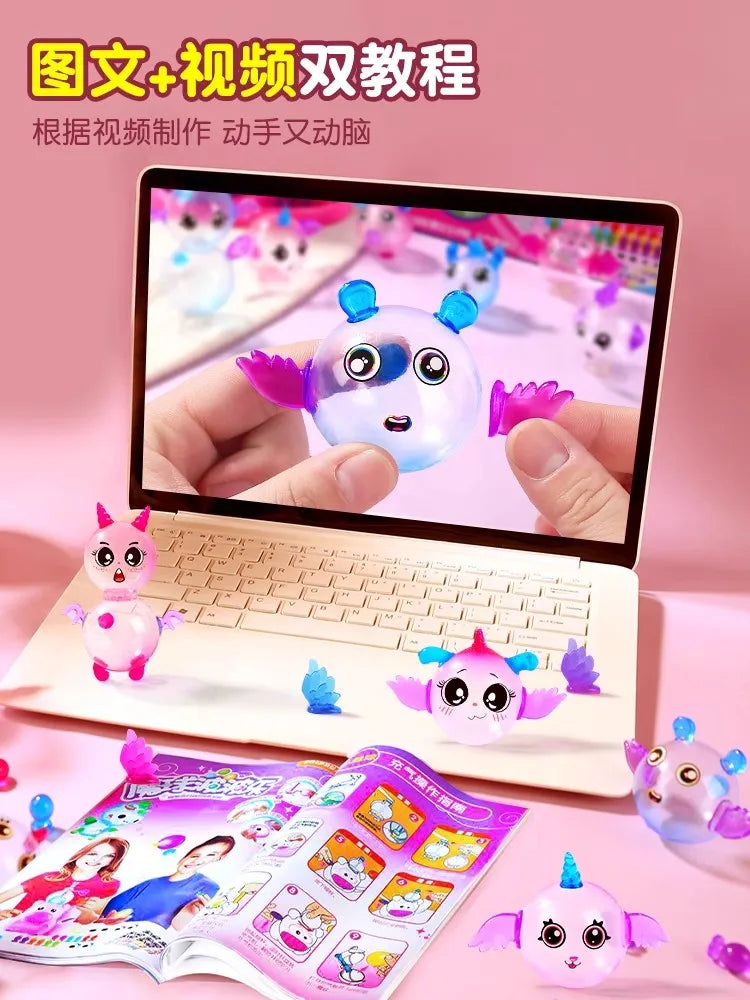 A close-up of a hand holding a purple and white balloon model, demonstrating the creative DIY balloon modeling kit.