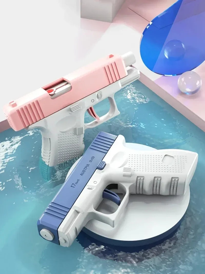 A pink and white high-pressure water blaster is shown resting on a blue, watery surface.